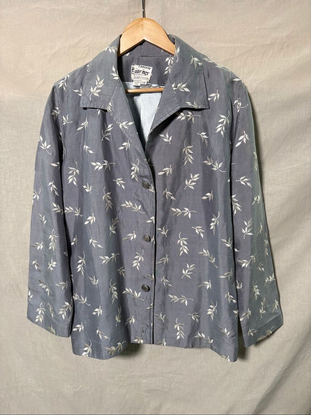Vtg Fantasy of Sister Max 100% Silk Leaf Print Blazer Gray Button Front Size 14